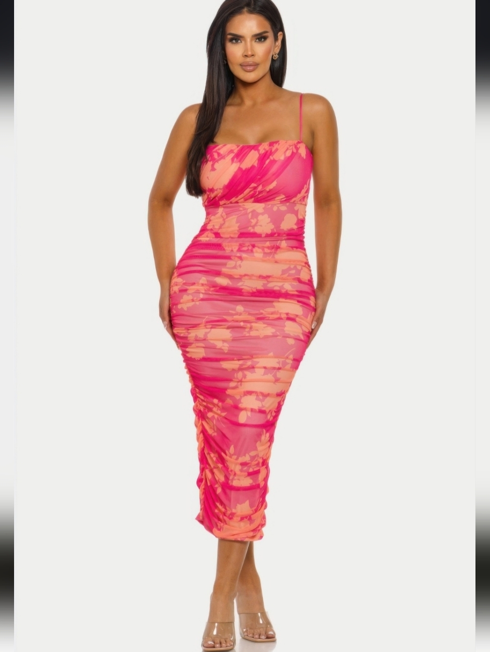 Sunset Bloom Ruched Mesh Midi Dress | Bodycon Floral Summer Party Dress
